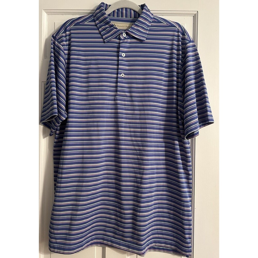 Donald Ross Men's Striped Blue Polo Golf Shirt L 100% Polyester Short Sleeve
